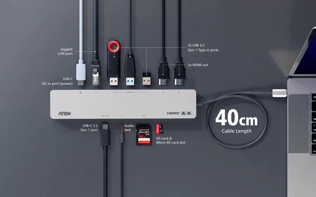 에이텐의 UH3240 USB-C 멀티 허브 도킹 스테이션에 연결되는 11개 멀티포트